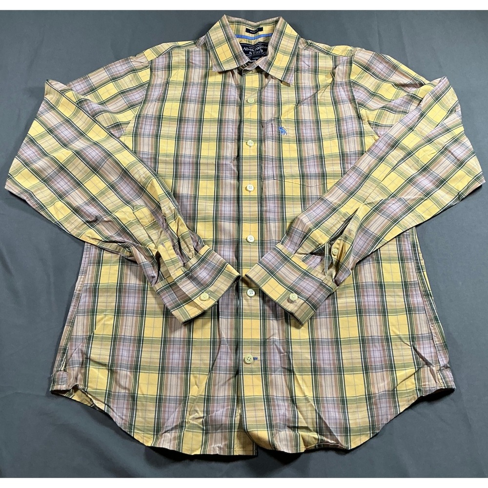 Abercrombie & Fitch Mens Muscle Fit Plaid Button Down Shirt Yellow Large L
